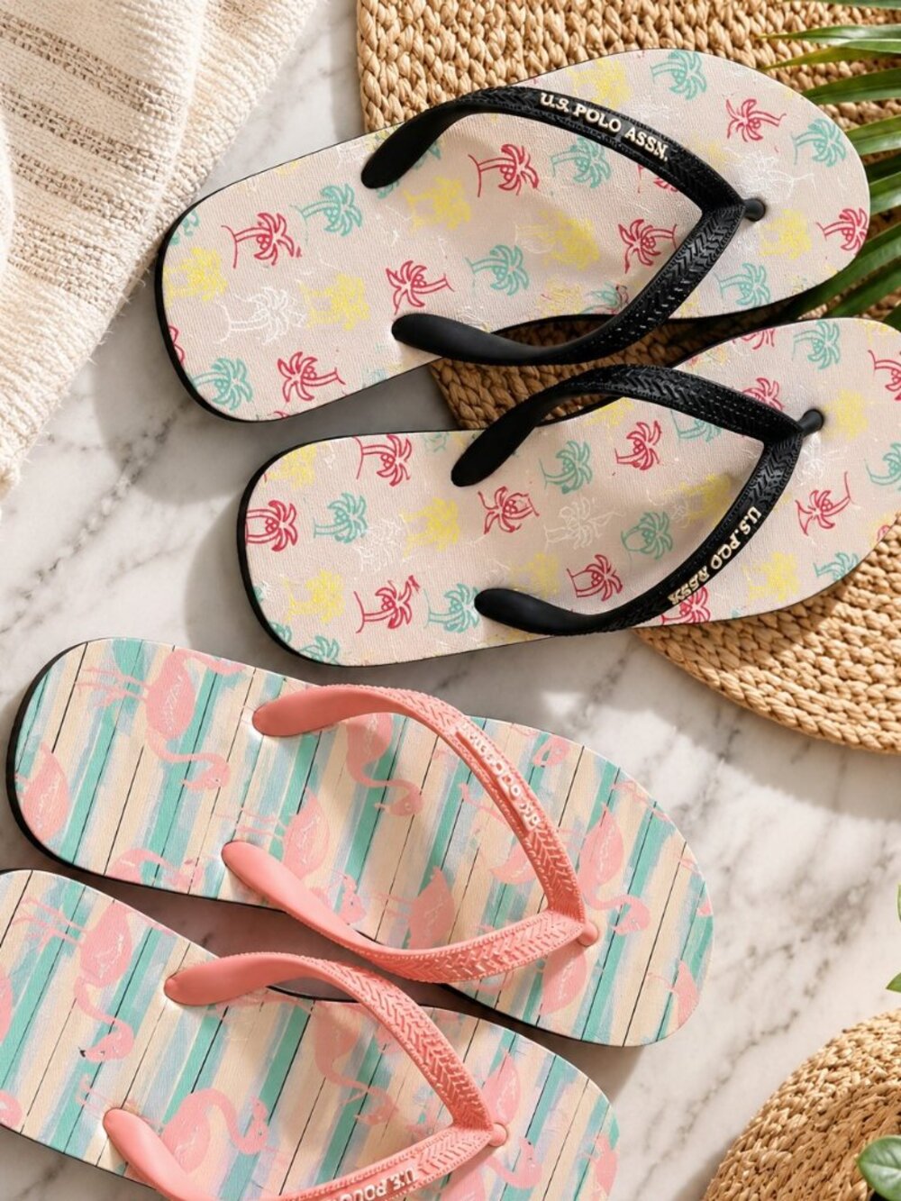 US Polo Assn Womens 8 Flip Flops 2 Pair NWT Flamingo Palm Tree Tropical Sandals